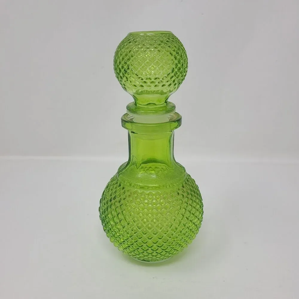 Vintage MCM Green Glass Genie Bottle Decanter Diamond Cut Textured 1970s
